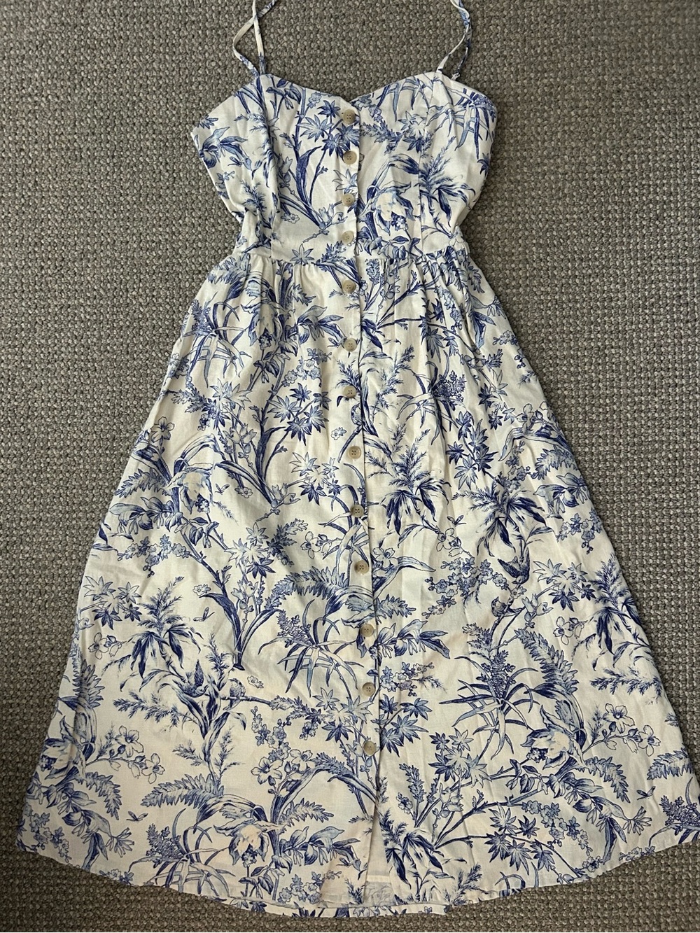 NEW Small H&M Toile Midi Dress Linen Blend Spaghetti Straps Blue Floral NWT